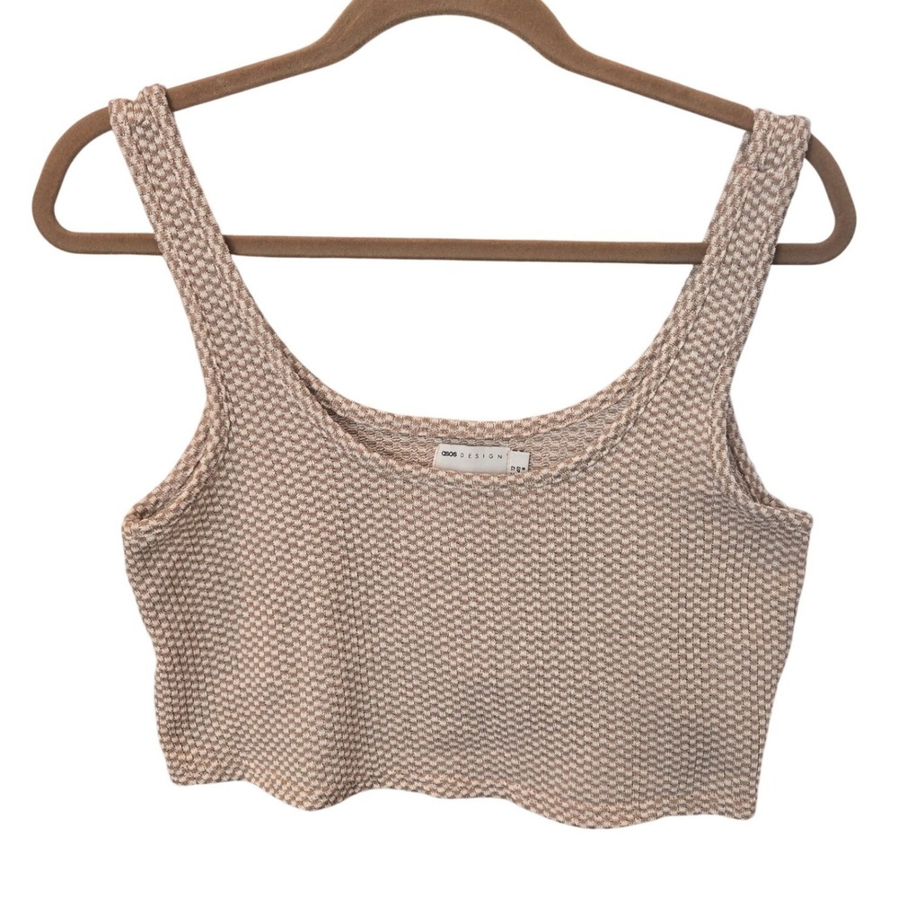 ASOS Cropped Tank Top Checkered Minimalist Festival Layering White Beige Size 8